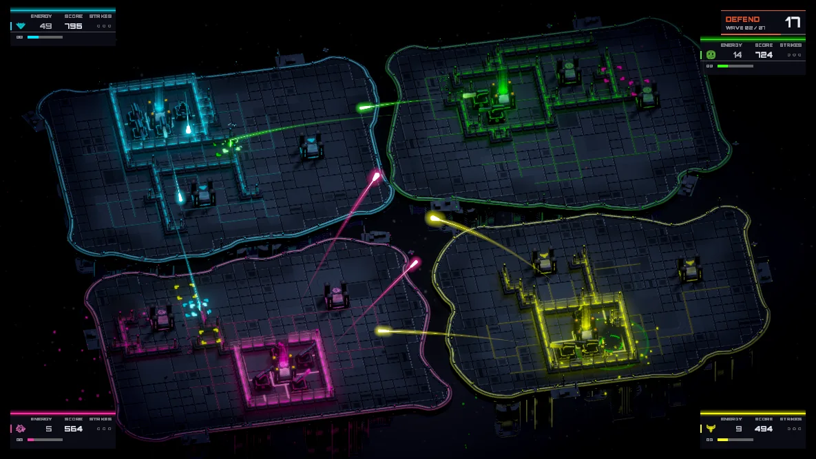 Four players firing at each other's walls during Siege